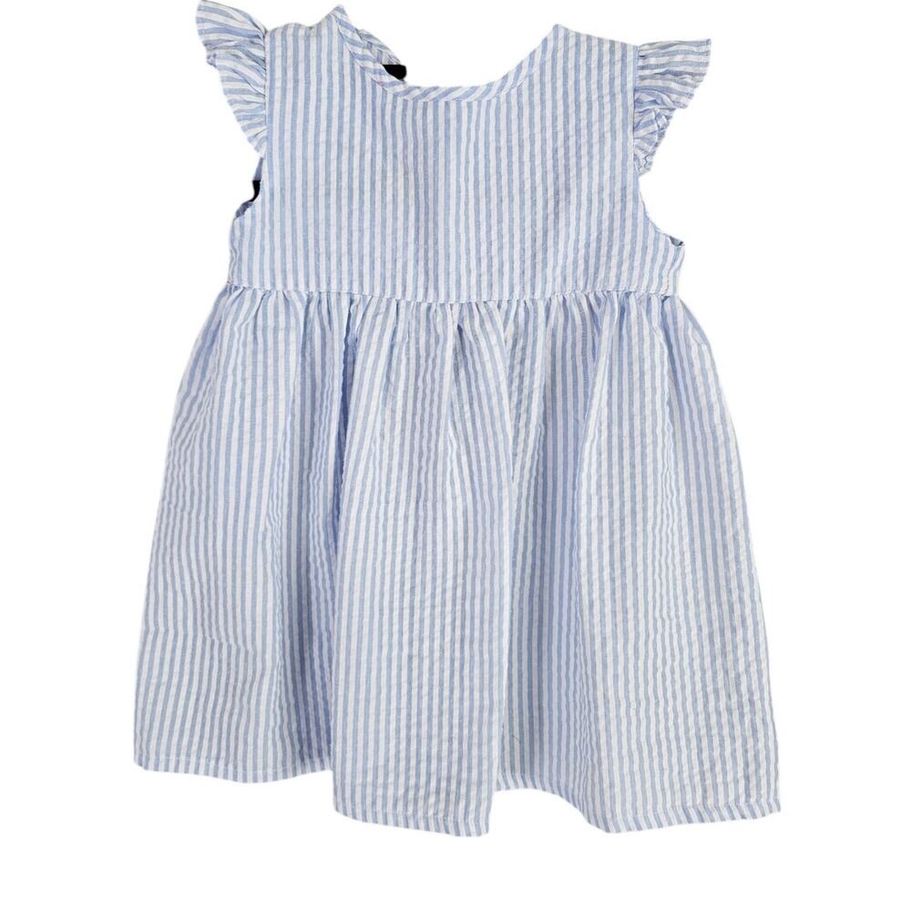 Smock Monkey Girls Sz 24M Flutter Sleeve Seersucker Dress Blue White Striped